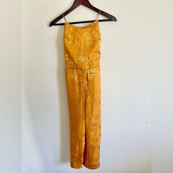 NWT Gold floral satin silk embroidered cropped jumpsuit Urban Outfitters - Picture 1 of 6